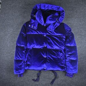 SAM. New York Women's Blue Velvet Down Puffer Hooded Jacket Cropped Size XS